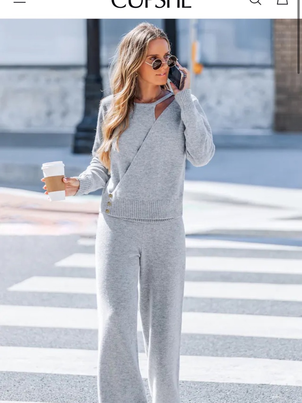 Cupshe Cozy Grey Knit Two-Piece Set - Top L/Pants - M